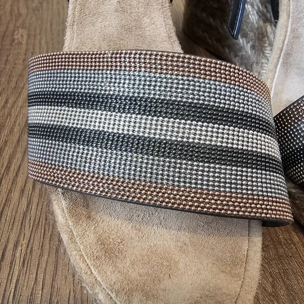 Brunello Cucinelli Monili Ankle Strap Leather Wedge Espadrille Sandals, 39IT/US9